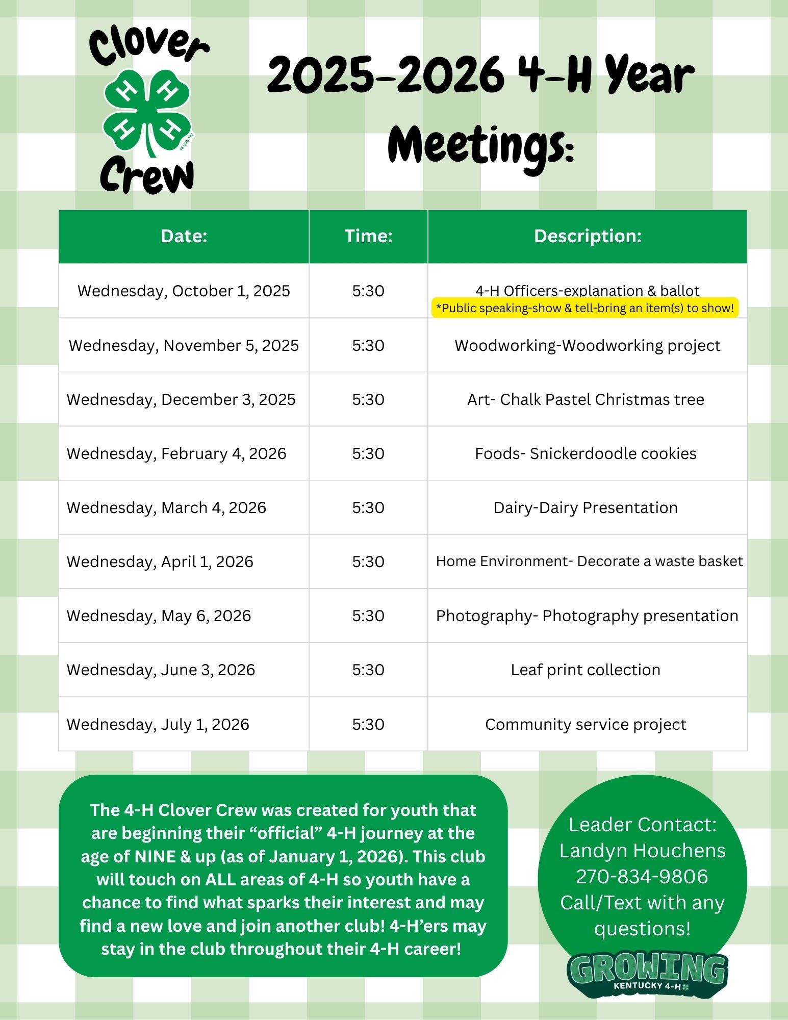 clover crew meeting dates 