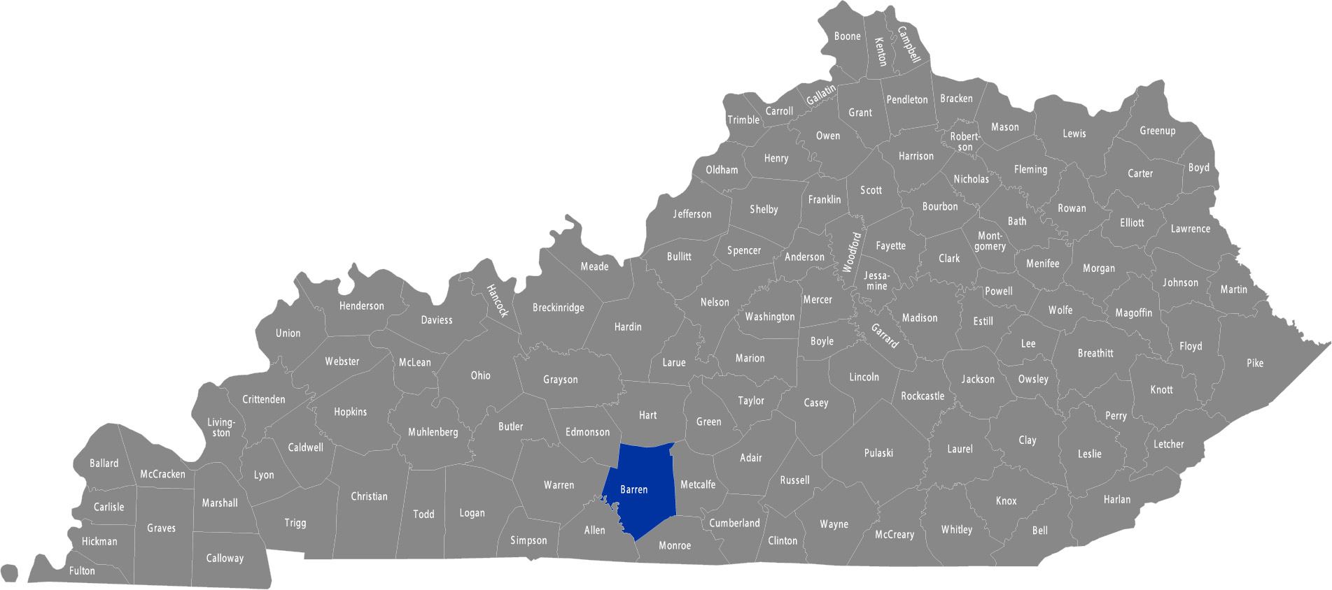 State of Kentucky map with Barren County highlighted